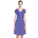 Blue Tartan Plaid 1 Short Sleeve Front Wrap Dress