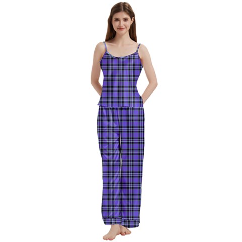 Blue Tartan Plaid 1 Spaghetti Top Long Pants Satin Pajamas Set from ArtsNow.com