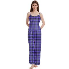 Blue Tartan Plaid 1 Spaghetti Top Long Pants Satin Pajamas Set from ArtsNow.com