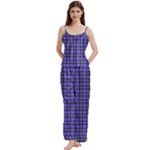 Blue Tartan Plaid 1 Spaghetti Top Long Pants Satin Pajamas Set