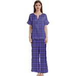 Blue Tartan Plaid 1 Short Sleeve Long Pants Satin Pajamas Set