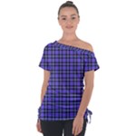 Blue Tartan Plaid 1 Off Shoulder Tie-Up T-Shirt