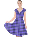 Blue Tartan Plaid 1 Cap Sleeve Front Wrap Midi Dress