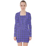 Blue Tartan Plaid 1 V-neck Bodycon Long Sleeve Dress