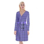 Blue Tartan Plaid 1 Long Sleeve Velvet Front Wrap Dress