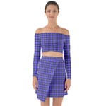 Blue Tartan Plaid 1 Off Shoulder Top with Skirt Set