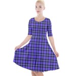 Blue Tartan Plaid 1 Quarter Sleeve A-Line Dress With Pockets