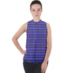 Blue Tartan Plaid 1 Mock Neck Chiffon Sleeveless Top