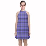 Blue Tartan Plaid 1 Velvet Halter Neckline Dress 