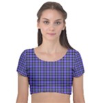 Blue Tartan Plaid 1 Velvet Short Sleeve Crop Top 