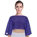 Blue Tartan Plaid 1 Tie Back Butterfly Sleeve Chiffon Top