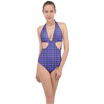 Blue Tartan Plaid 1 Halter Front Plunge Swimsuit