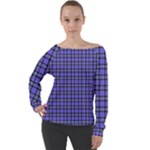 Blue Tartan Plaid 1 Off Shoulder Long Sleeve Velour Top