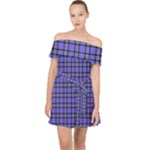 Blue Tartan Plaid 1 Off Shoulder Chiffon Dress