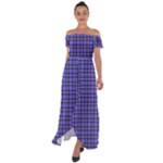 Blue Tartan Plaid 1 Off Shoulder Open Front Chiffon Dress