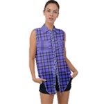 Blue Tartan Plaid 1 Sleeveless Chiffon Button Shirt