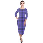 Blue Tartan Plaid 1 Quarter Sleeve Midi Velour Bodycon Dress