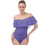 Blue Tartan Plaid 1 Off Shoulder Velour Bodysuit 