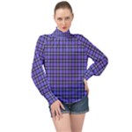 Blue Tartan Plaid 1 High Neck Long Sleeve Chiffon Top