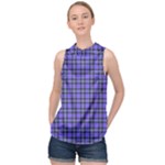 Blue Tartan Plaid 1 High Neck Satin Top