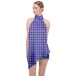 Blue Tartan Plaid 1 Halter Asymmetric Satin Top