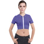 Blue Tartan Plaid 1 Short Sleeve Cropped Jacket