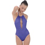 Blue Tartan Plaid 1 Plunge Cut Halter Swimsuit