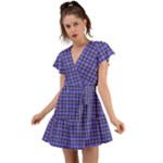 Blue Tartan Plaid 1 Flutter Sleeve Wrap Dress