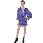 Blue Tartan Plaid 1 V-Neck Flare Sleeve Mini Dress