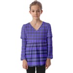 Blue Tartan Plaid 1 Kids  V Neck Casual Top