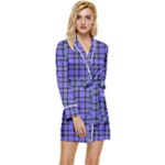 Blue Tartan Plaid 1 Long Sleeve Satin Robe