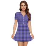 Blue Tartan Plaid 1 V-Neck High Waist Chiffon Mini Dress