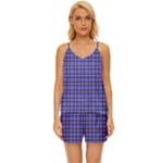 Blue Tartan Plaid 1 V-Neck Satin Pajamas Set