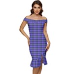 Blue Tartan Plaid 1 Off Shoulder Ruffle Split Hem Bodycon Dress