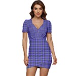 Blue Tartan Plaid 1 Low Cut Cap Sleeve Mini Dress