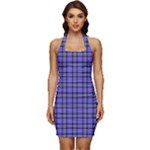 Blue Tartan Plaid 1 Sleeveless Wide Square Neckline Ruched Bodycon Dress