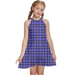 Blue Tartan Plaid 1 Kids  Halter Collar Waist Tie Chiffon Dress