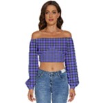 Blue Tartan Plaid 1 Long Sleeve Crinkled Weave Crop Top