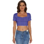 Blue Tartan Plaid 1 Short Sleeve Square Neckline Crop Top 