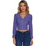 Blue Tartan Plaid 1 Long Sleeve V-Neck Top