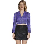 Blue Tartan Plaid 1 Long Sleeve Tie Back Satin Wrap Top