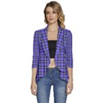 Blue Tartan Plaid 1 Women s 3/4 Sleeve Ruffle Edge Open Front Jacket