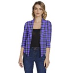 Blue Tartan Plaid 1 Women s Draped Front 3/4 Sleeve Shawl Collar Jacket