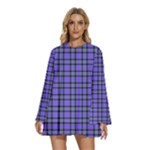 Blue Tartan Plaid 1 Round Neck Long Sleeve Bohemian Style Chiffon Mini Dress