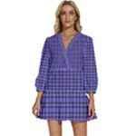 Blue Tartan Plaid 1 V-Neck Placket Mini Dress