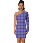 Blue Tartan Plaid 1 Long Sleeve One Shoulder Mini Dress