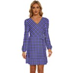 Blue Tartan Plaid 1 Long Sleeve Waist Tie Ruffle Velvet Dress