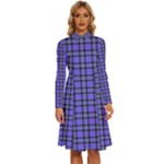 Blue Tartan Plaid 1 Long Sleeve Shirt Collar A-Line Dress