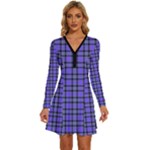 Blue Tartan Plaid 1 Long Sleeve Deep V Mini Dress 