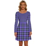 Blue Tartan Plaid 1 Long Sleeve Wide Neck Velvet Dress